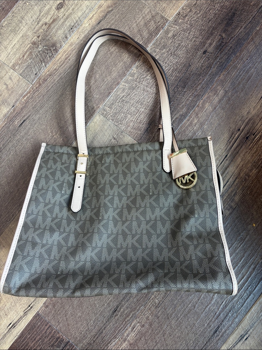 Michael Kors Brown MK Logo Tote with Cream Trim and Gold Charm